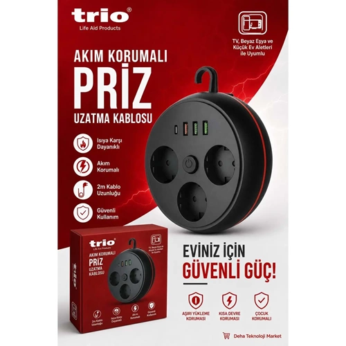TR-3444 Trio 3LÜ (3*USB+1*TYPE-C) 150-250V 2MT Akım Korumalı Priz