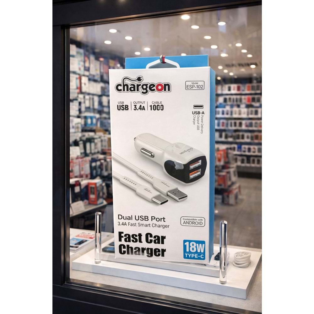 ESP-102 Chargeon 18W 3.4A Oto Şarj + Type C Kablo