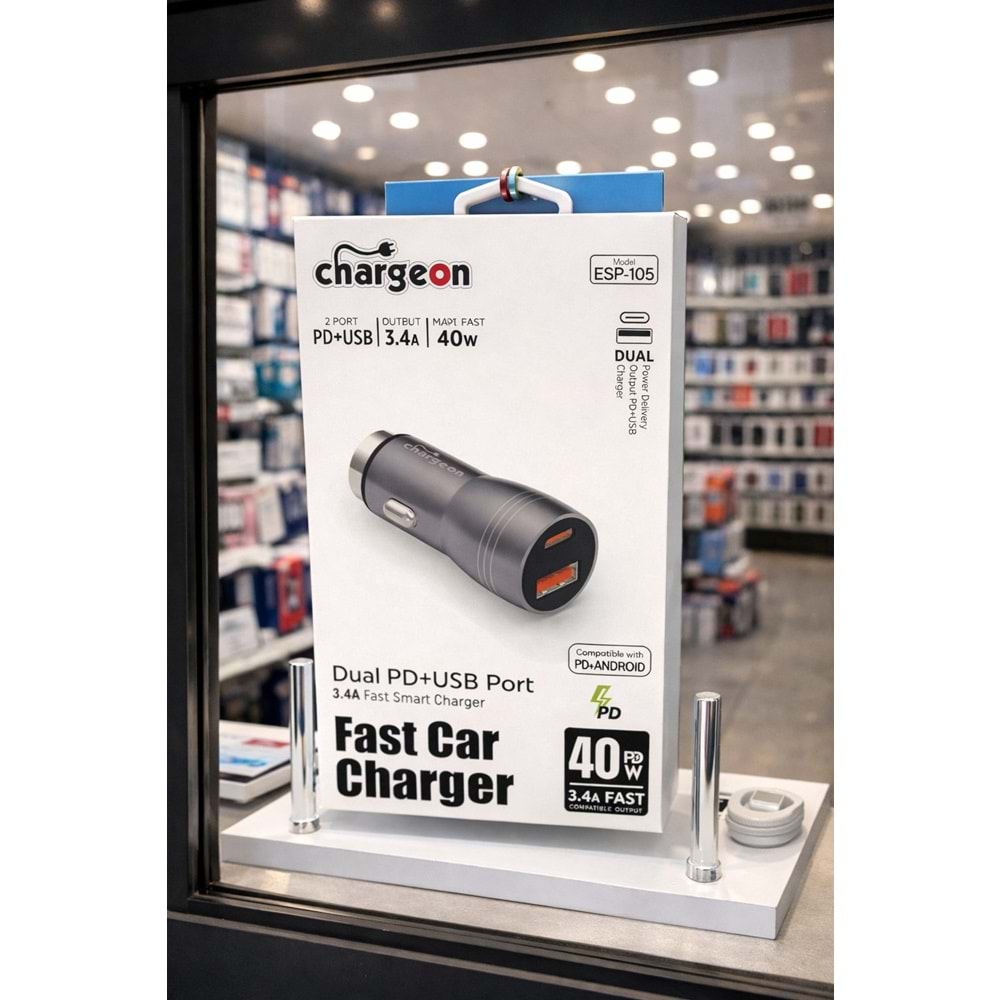 ESP-105 Chargeon 40W 3.4A Oto Şarj Başlık PD+USB Girişli