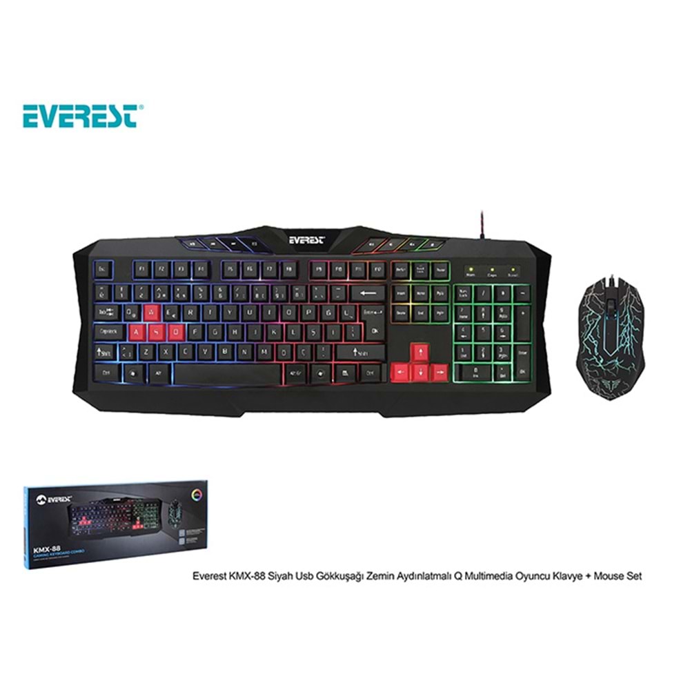 KMX-88 Everest Usb Gökkuşağı Zemin Aydınlatmalı Oyuncu Klavye+Mouse