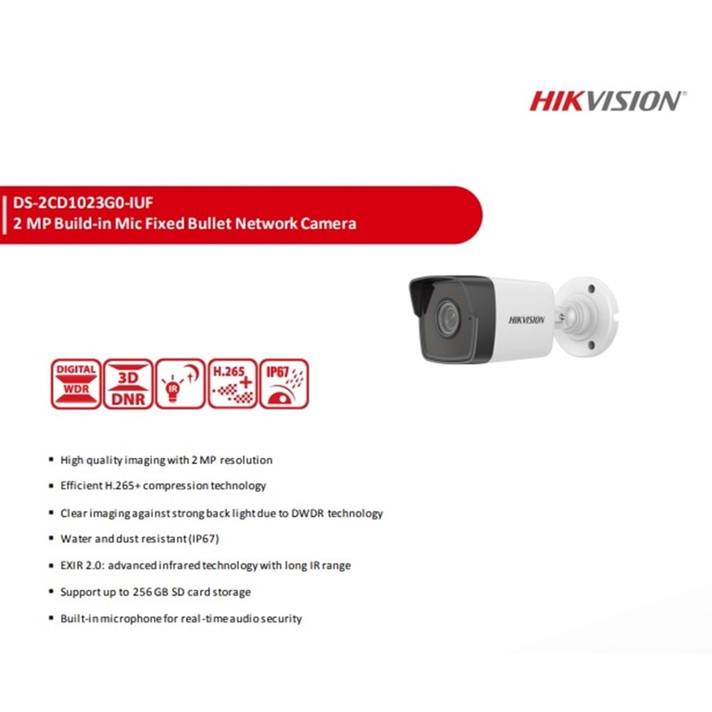 Hikvision DS-2CD1023G0-IUF 2.8 mm 2 Mp Lensli Ir Bullet Ip Kamera