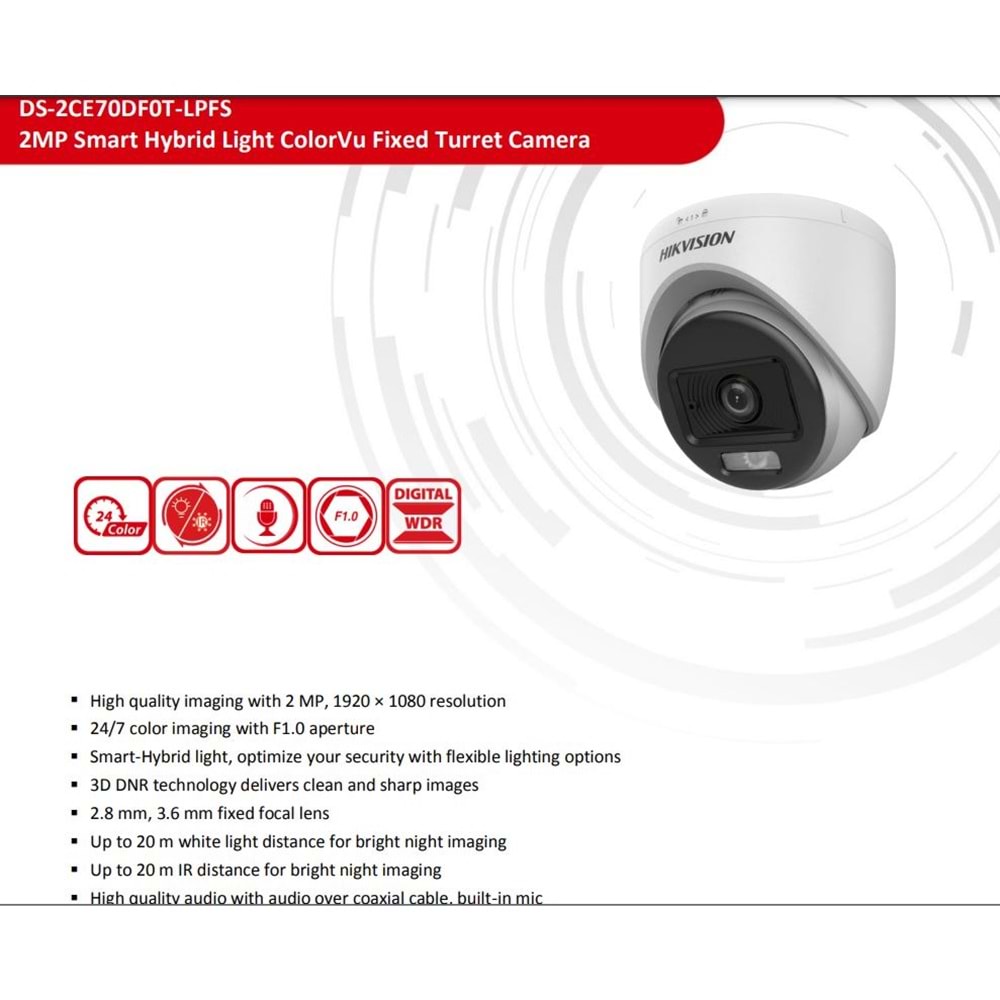 Hikvision DS-2CE70DF0T-LPFS TVI 2.8mm Sabit Lensli ColorVu Mini Dome