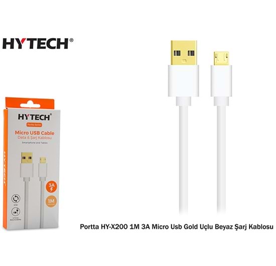 HY-X200 Hytech 1M 3A Micro Usb Gold Uçlu Beyaz Şarj Kablosu
